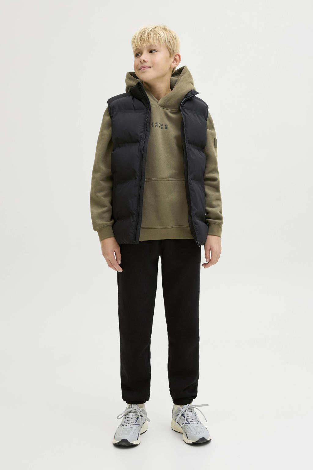 Groene jongens JACK & JONES JUNIOR hoodie van sweat materiaal met tekst print, lange mouwen en capuchon