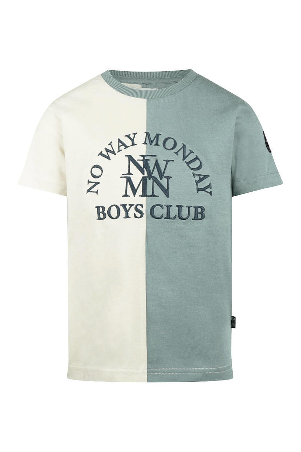 Grijsblauw, grijs en ecru jongens No Way Monday T-shirt blauw van katoen met meerkleurige print, korte mouwen en ronde hals