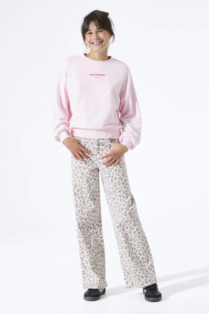 high waist wide leg jeans met panterprint ecru