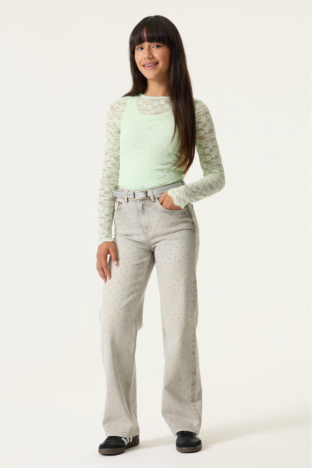 Groene meisjes Garcia gebloemde longsleeve van polyamide met lange mouwen, ronde hals en kant