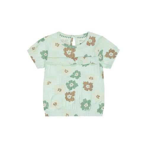 Dirkje gebloemde T-shirt lichtgroen Meisjes Stretchkatoen Ronde hals Bloemen - maat 110 afbeelding