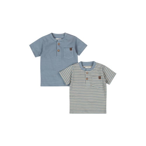 Dirkje T-shirt - set van 2 blauw/beige Jongens Katoen Henleykraag Streep - maat 110 afbeelding