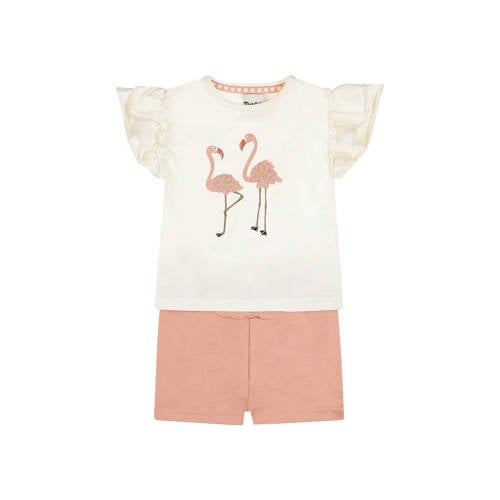 Dirkje korte broek + T-shirt ecru/roze Set Meisjes Stretchkatoen Ronde hals - maat 92 afbeelding