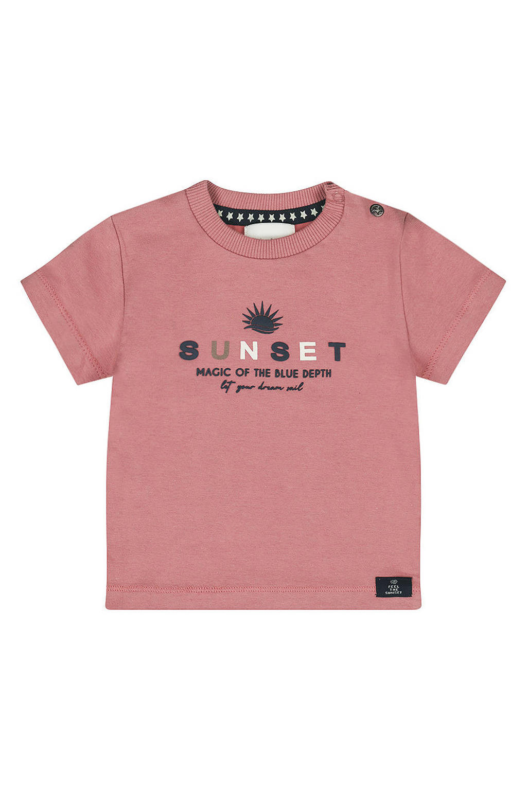 Oudroze jongens Dirkje T-shirt van stretchkatoen met printopdruk, korte mouwen, ronde hals en drukknoopsluiting