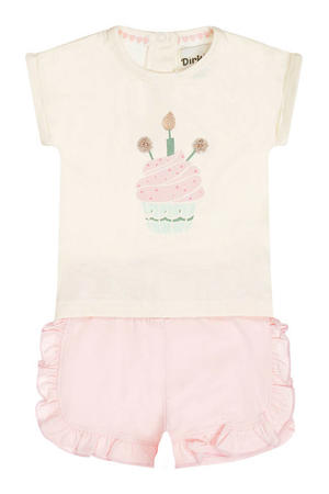 T-shirt + korte broek lichtroze/ecru