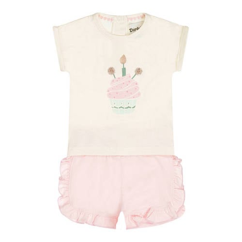 Dirkje T-shirt + korte broek lichtroze/ecru Shirt + broek Meisjes Stretchkatoen Ronde hals - maat 56 afbeelding