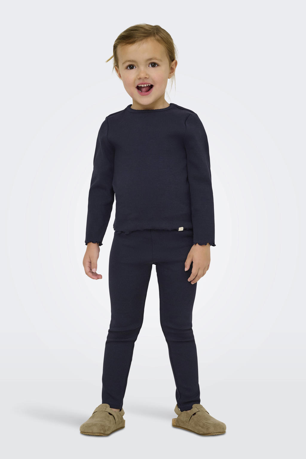 Donkerblauwe meisjes KIDS ONLY MINI longsleeve van stretchkatoen met effen, lange mouwen, ronde hals en golvende afwerking