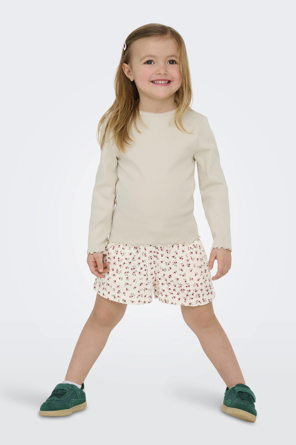 Beige meisjes KIDS ONLY MINI longsleeve van stretchkatoen met effen, lange mouwen, ronde hals en gebreide details