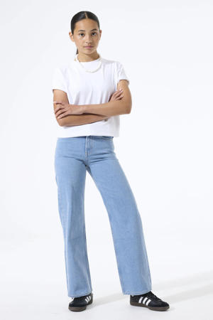 high waist straight leg jeans medium blue denim