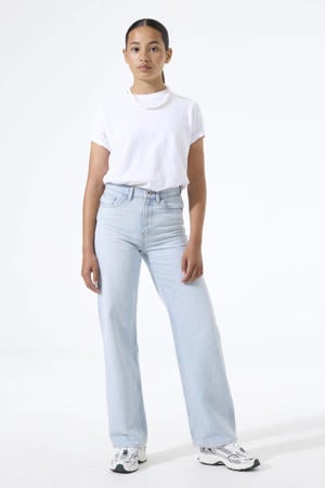 high waist straight leg jeans light blue denim