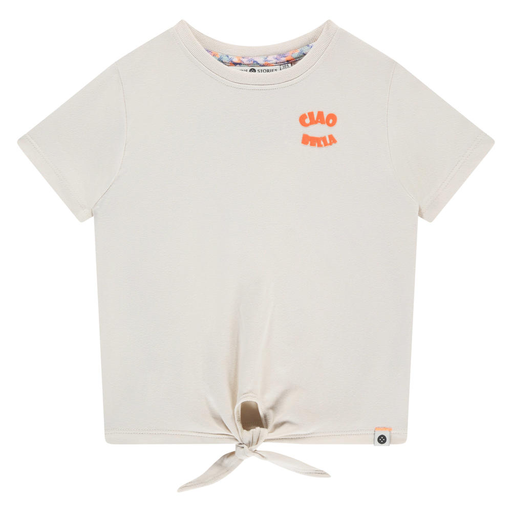 Ecru meisjes Stains&Stories T-shirt van stretchkatoen met backprint, korte mouwen, ronde hals en knoopdetail