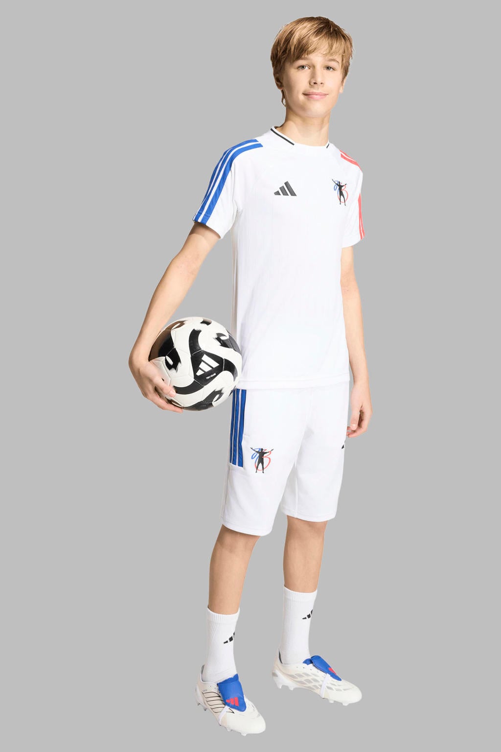 Wit, blauw en rode jongens en meisjes adidas Performance voetbalshirt Jude Bellingham van polyester met korte mouwen en ronde hals