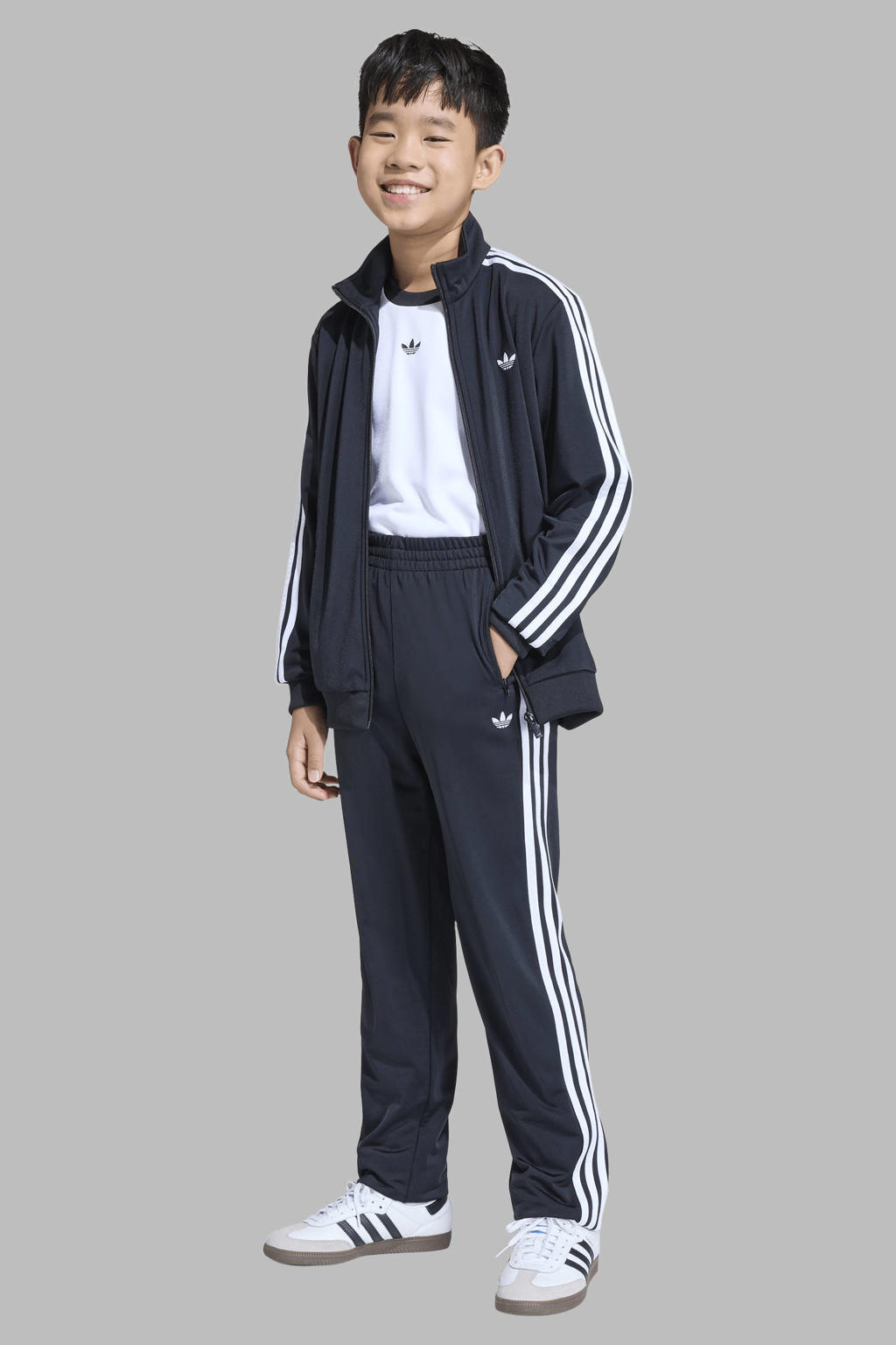Zwarte jongens en meisjes adidas Originals trainingsbroek Firebird van polyester met elastische tailleband met koord en effen