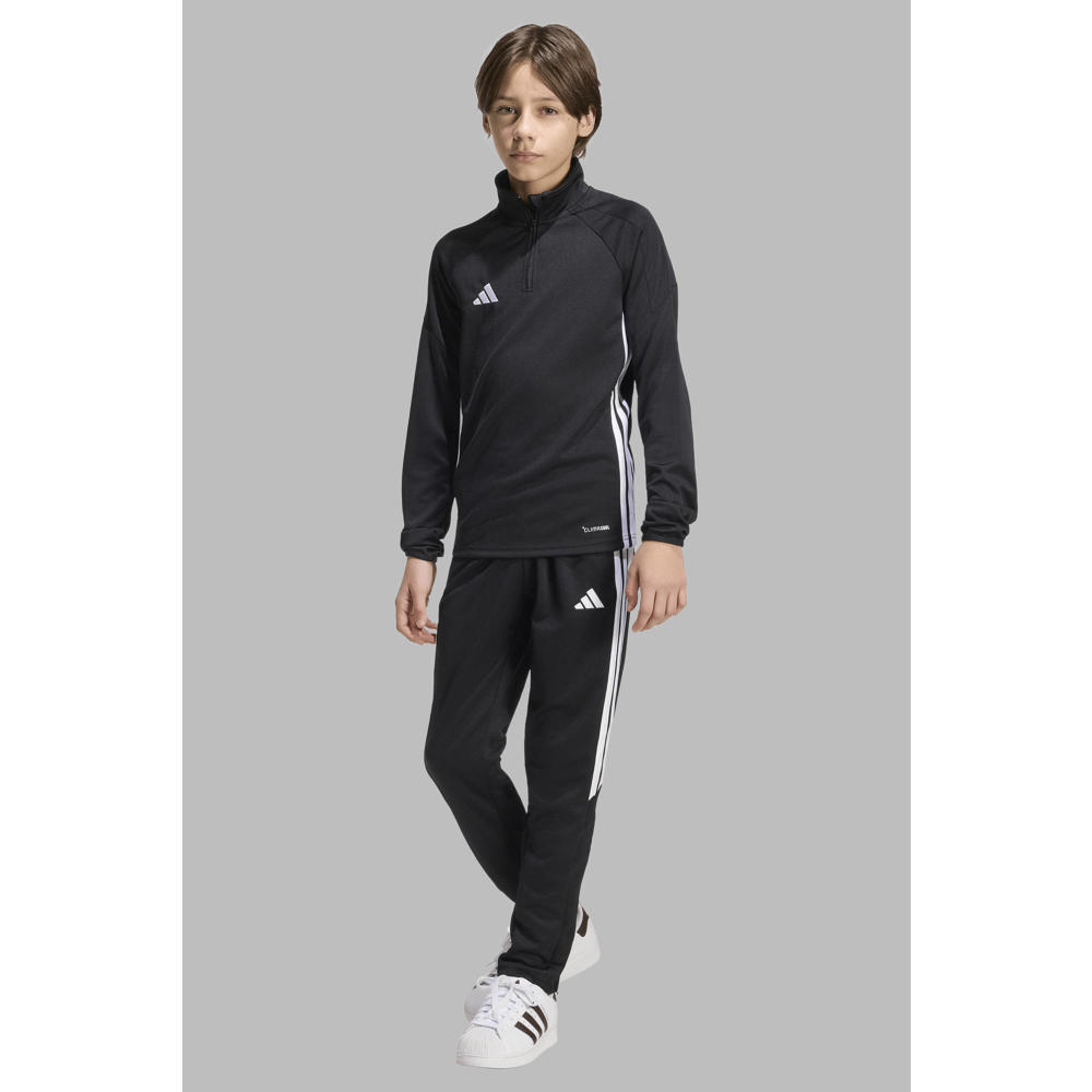 Zwarte jongens en meisjes adidas Performance voetbalshirt Tiro van polyester met lange mouwen, opstaande kraag en halve rits
