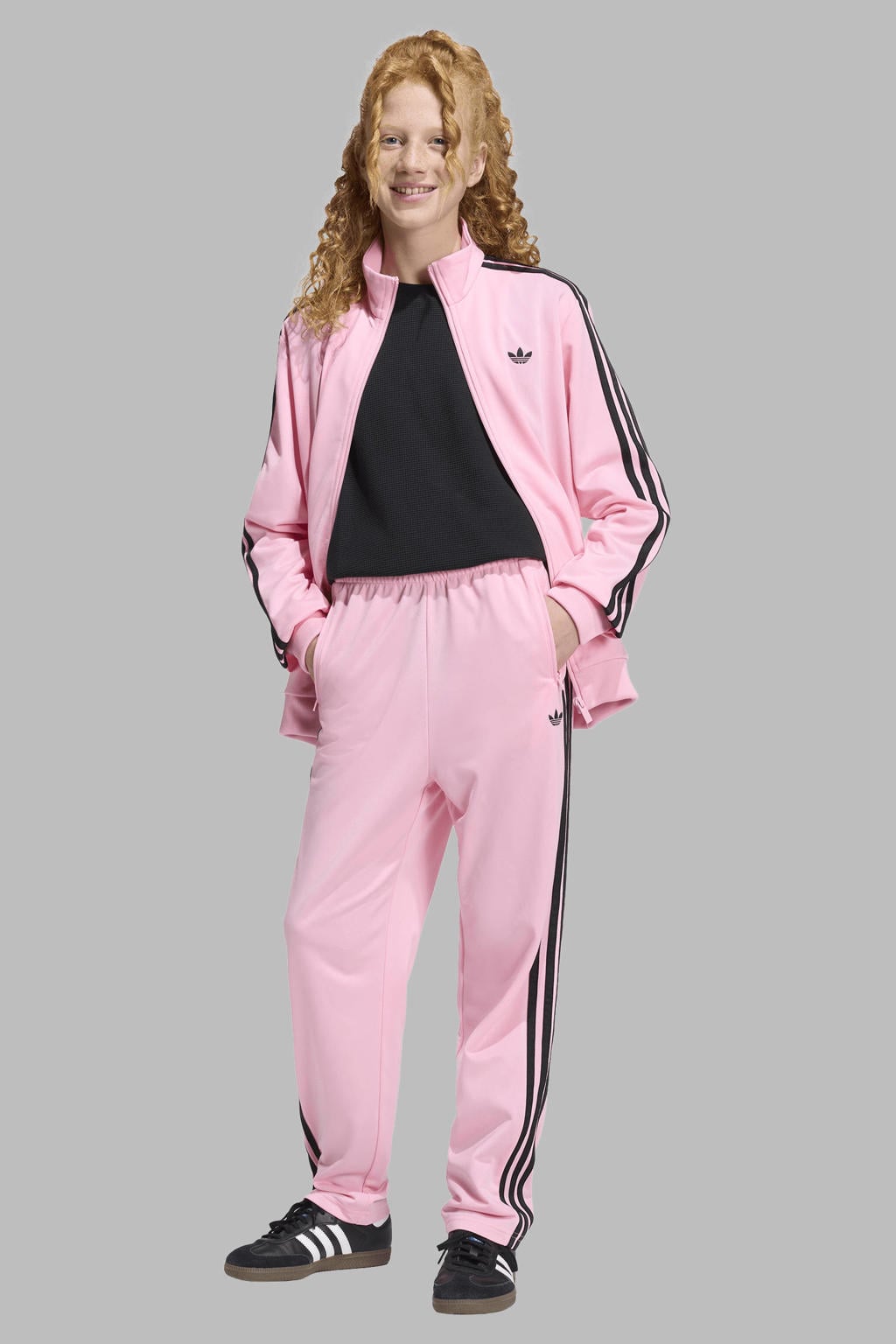 Roze en zwarte jongens en meisjes adidas Originals trainingsbroek Firebird van polyester met elastische tailleband met koord en effen