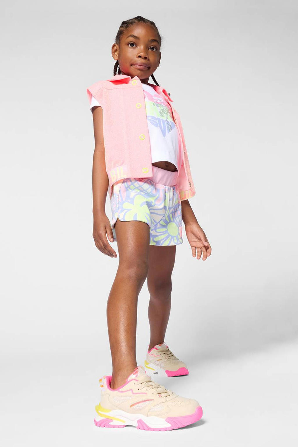 Witte meisjes Billieblush T-shirt van stretchkatoen met printopdruk, korte mouwen, ronde hals en strass steentjes