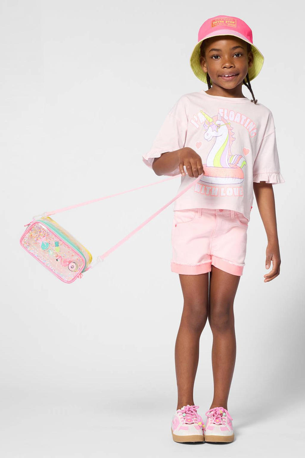 Lichtroze meisjes Billieblush T-shirt van katoen met printopdruk, korte mouwen, ronde hals en ruches