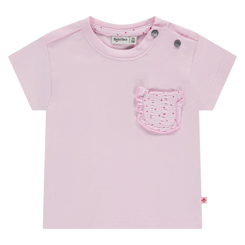 Lichtroze meisjes Babyface T-shirt van stretchkatoen met effen, korte mouwen, ronde hals, drukknoopsluiting en borduursels