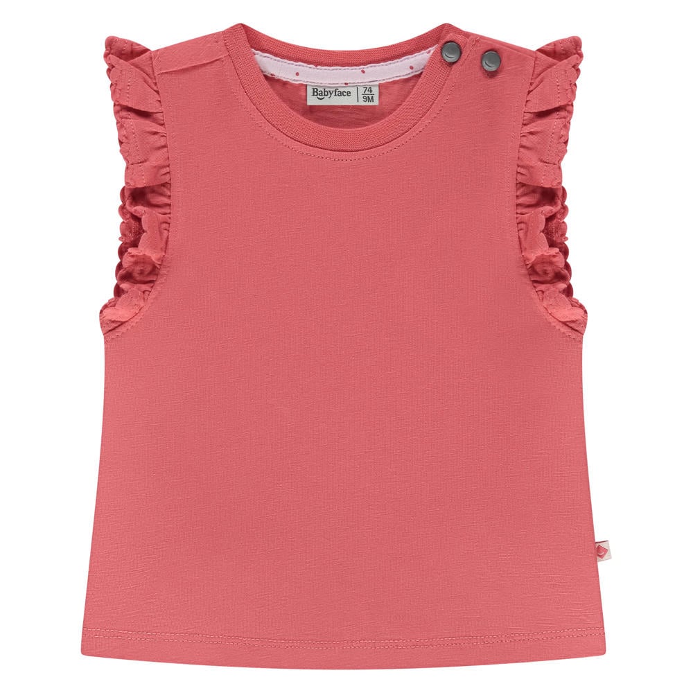 Rode meisjes Babyface T-shirt van stretchkatoen met effen, korte mouwen, ronde hals, drukknoopsluiting en ruches