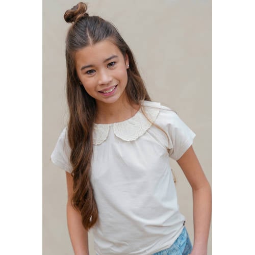 Like Flo T-shirt ecru broderie Meisjes Stretchkatoen Peter Pan-kraag Effen - maat 146/152 afbeelding