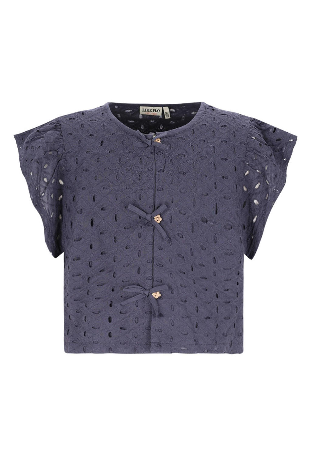 Donkerblauwe meisjes Like Flo blouse broderie van katoen met effen, korte mouwen, ronde hals en knoopsluiting