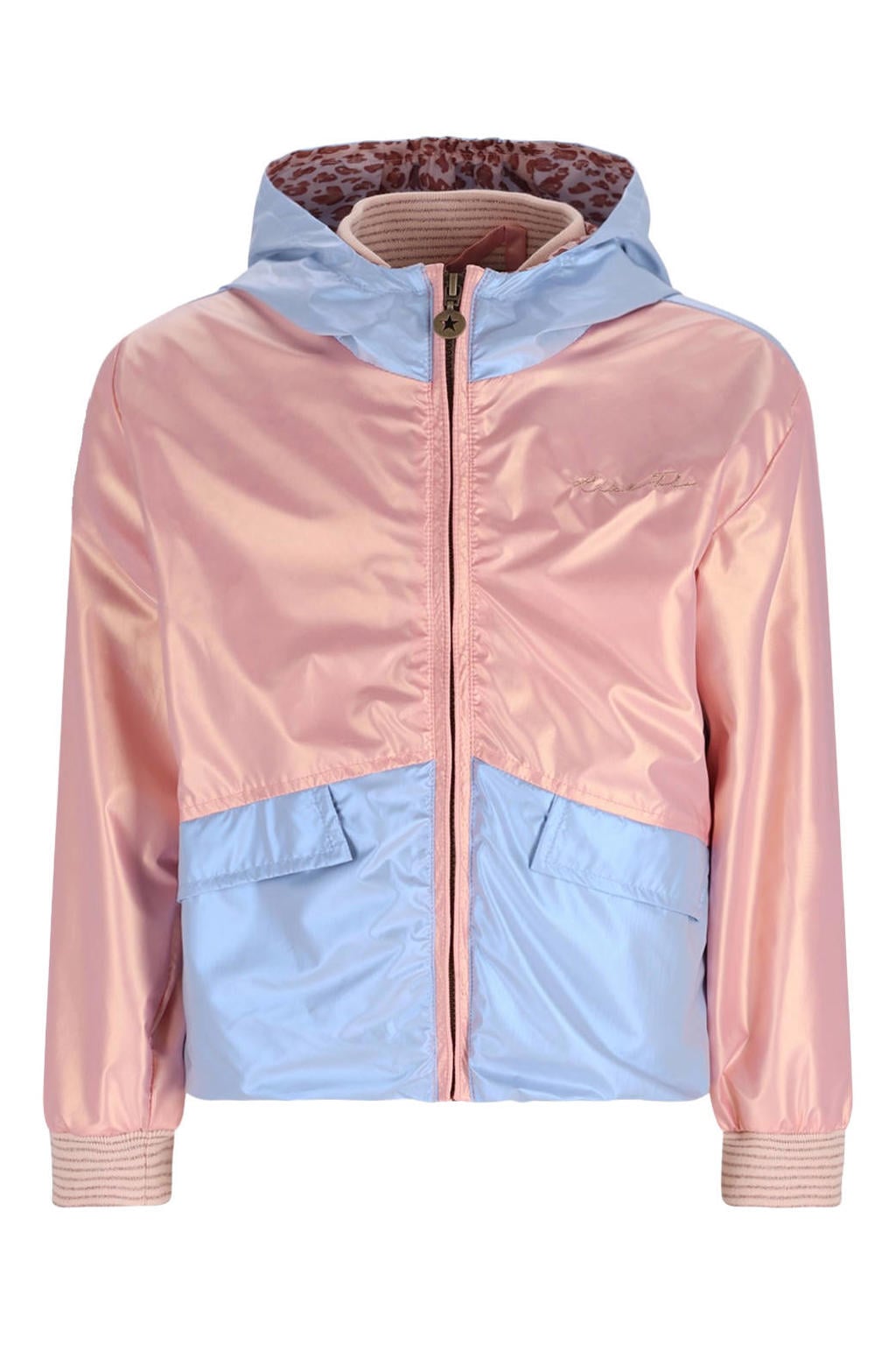 Lichtblauw en roze meisjes Like Flo zomerjas van polyester met effen, lange mouwen, capuchon, ritssluiting en geribde boorden
