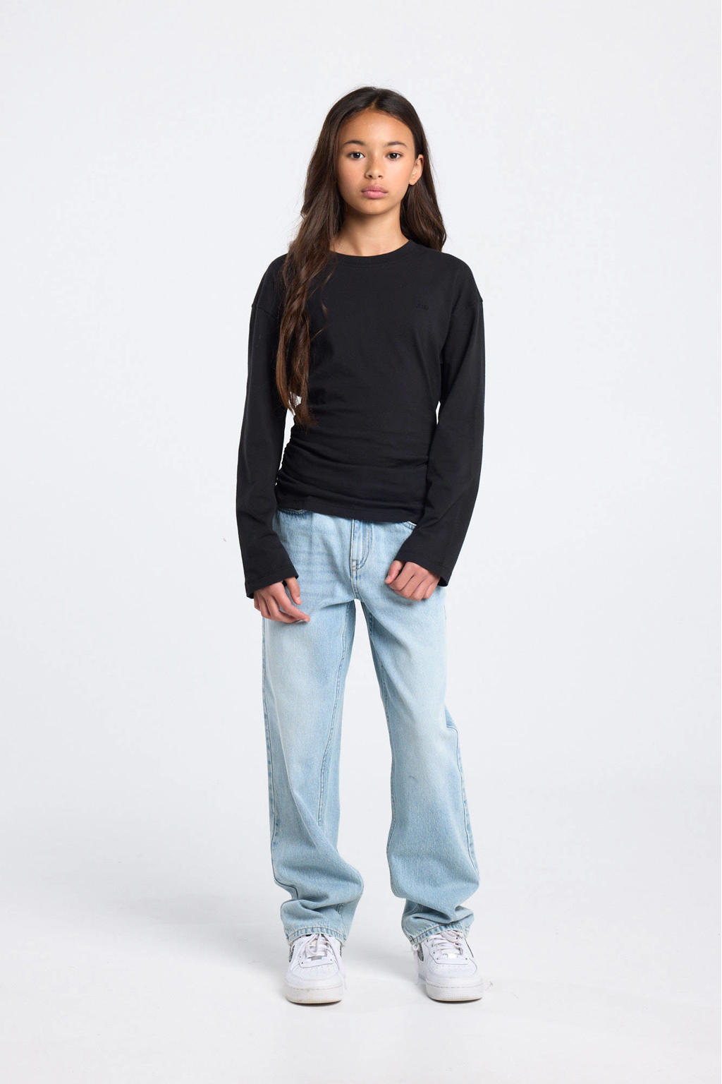 Zwarte meisjes America Today longsleeve van katoen met effen, lange mouwen, ronde hals en split