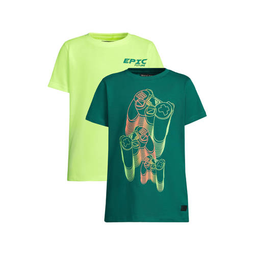 Orange Stars T-shirt - set van 2 neon geel/groen Jongens Katoen Ronde hals - maat 98/104 afbeelding