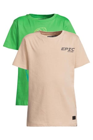 T-shirt - zand/felgroen (set van 2)