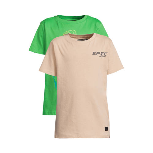 Orange Stars T-shirt - set van 2 zand/felgroen Beige Jongens Katoen Ronde hals - maat 98/104 afbeelding
