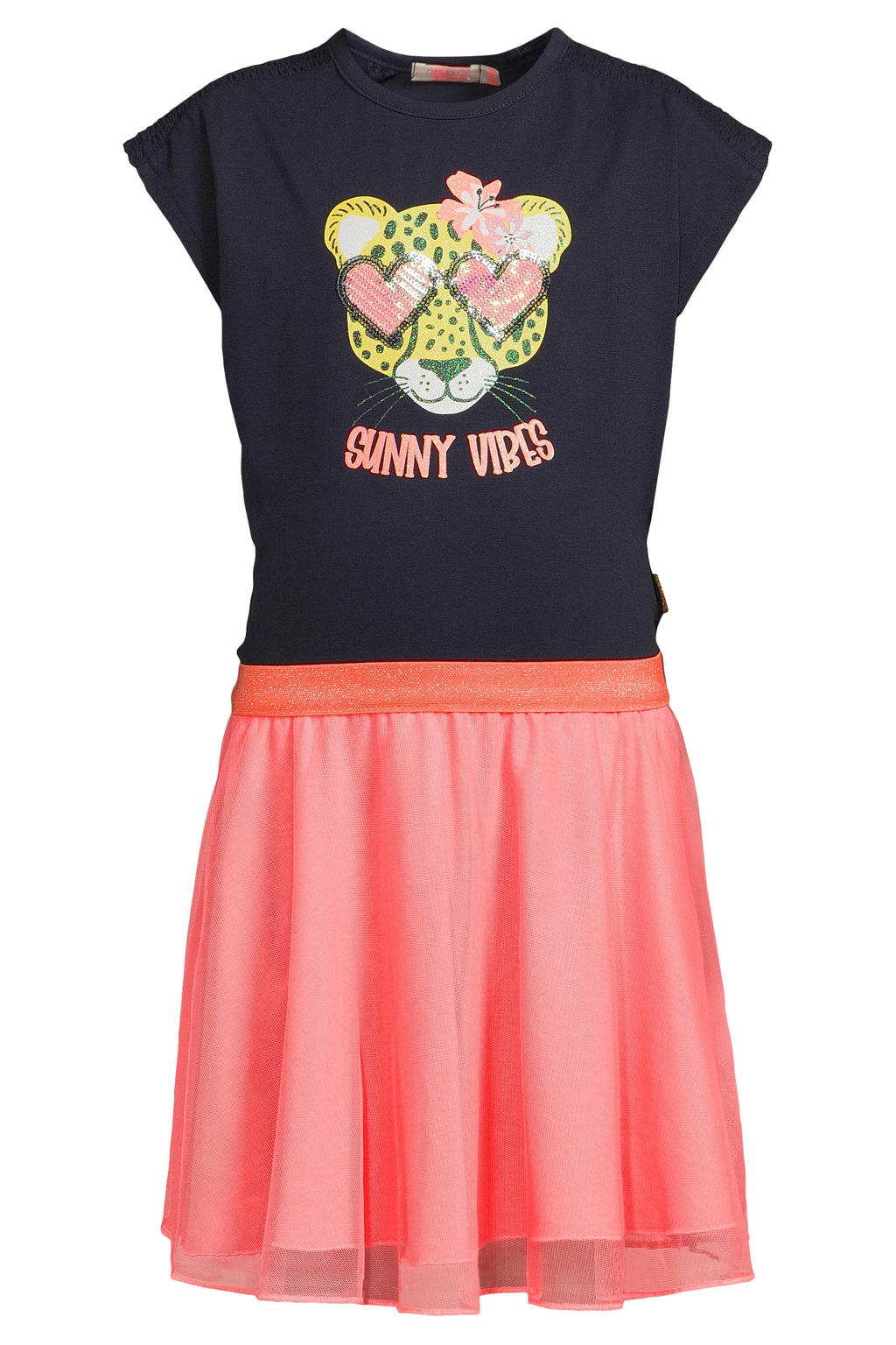Donkerblauw en roze meisjes Orange Stars midi jurk van stretchkatoen met meerkleurige print, korte mouwen en ronde hals