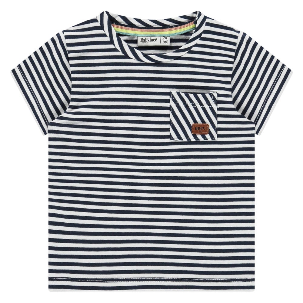 Blauw en witte jongens Babyface gestreept T-shirt van katoen met korte mouwen, ronde hals en drukknoopsluiting