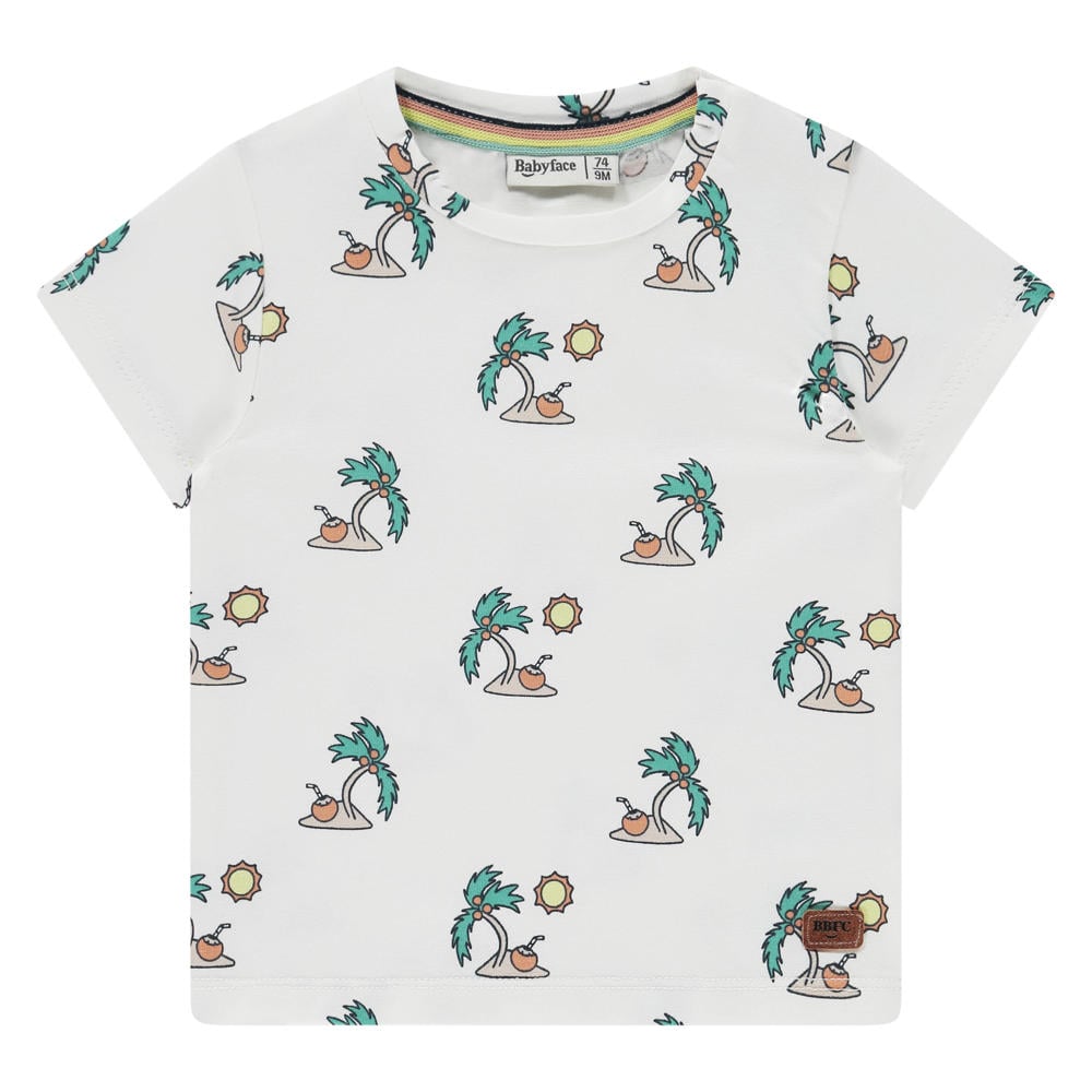Ecru, groen en bruine jongens Babyface T-shirt van katoen met korte mouwen, ronde hals en drukknoopsluiting