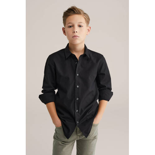 WE Fashion overhemd zwart Jongens Polyester Klassieke kraag Effen - maat 122/128 afbeelding