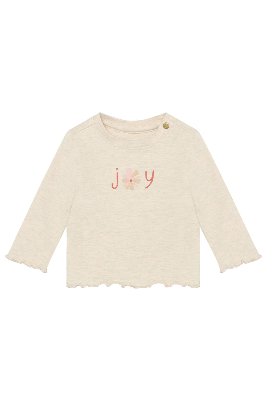 Beige meisjes Noppies baby longsleeve van stretchkatoen met printopdruk, lange mouwen, ronde hals, drukknoopsluiting en ruches