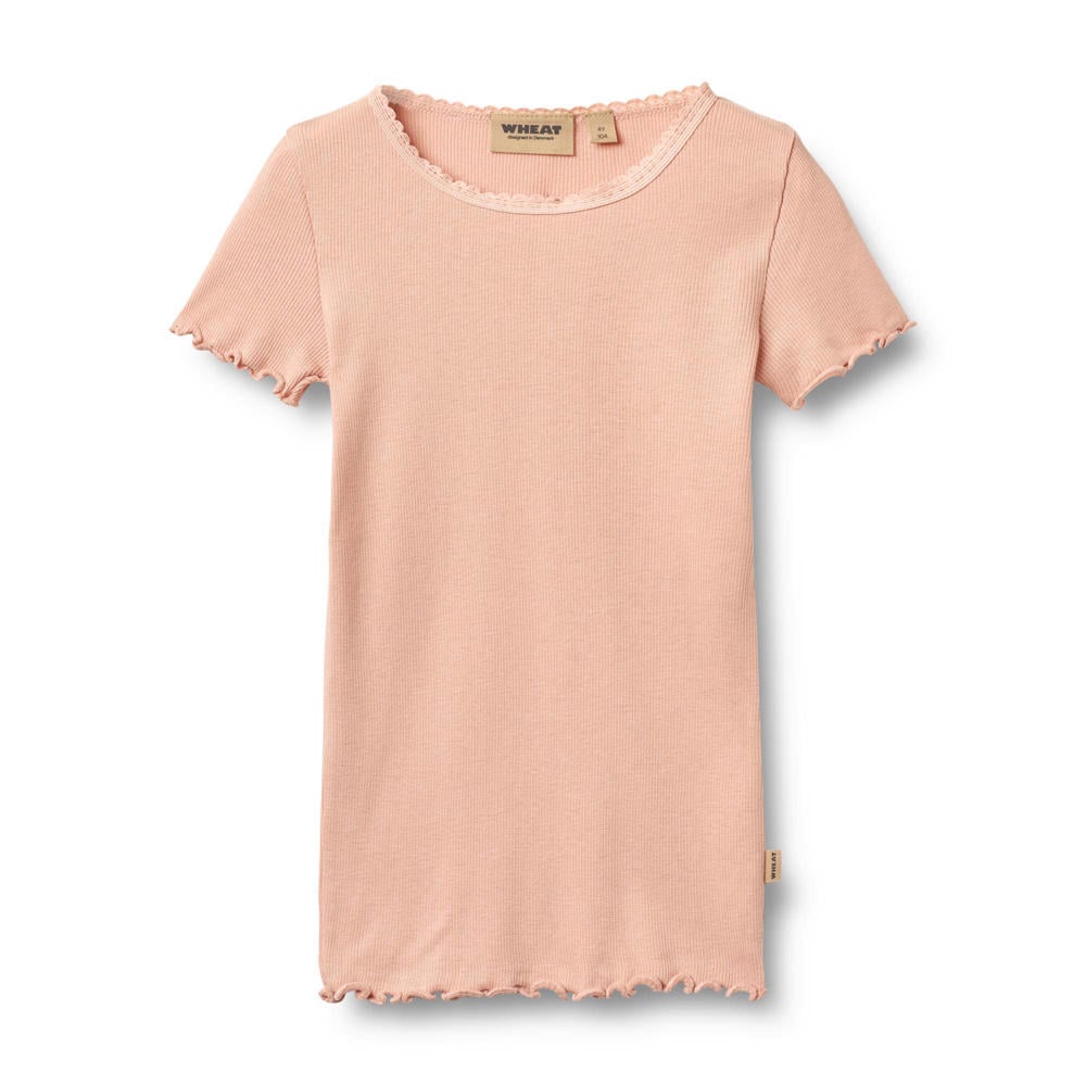 Oranje meisjes Wheat T-shirt rib gebreid van stretchkatoen met effen, korte mouwen en ronde hals