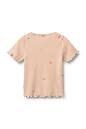 gebloemde T-shirt oranje rib gebreid