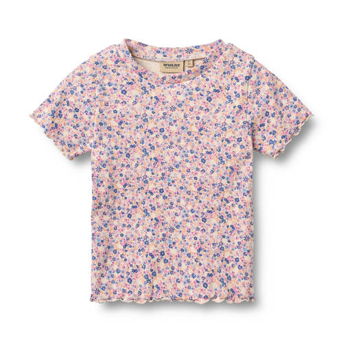 Wheat gebloemde T-shirt roze Meisjes Stretchkatoen Ronde hals All over print - maat 116 afbeelding