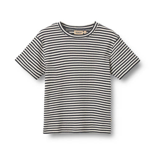Wheat gestreepte T-shirt donkerblauw rib gebreid Jongens Katoen Ronde hals - maat 92 afbeelding
