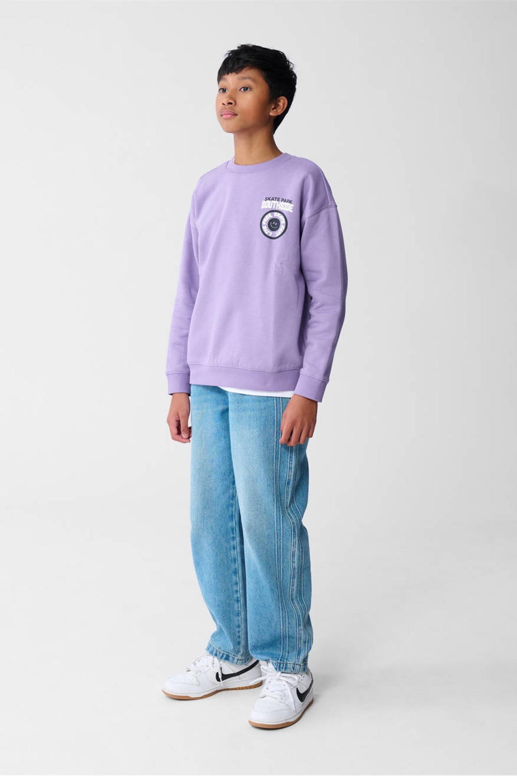 Paarse jongens Shoeby sweater met mixprint, lange mouwen en ronde hals