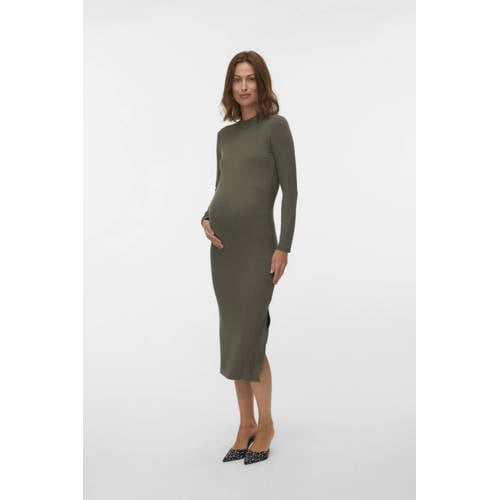 MAMALICIOUS zwangerschaps maxi jurk rib gebreid groen Dames Viscose Opstaande kraag - maat S afbeelding