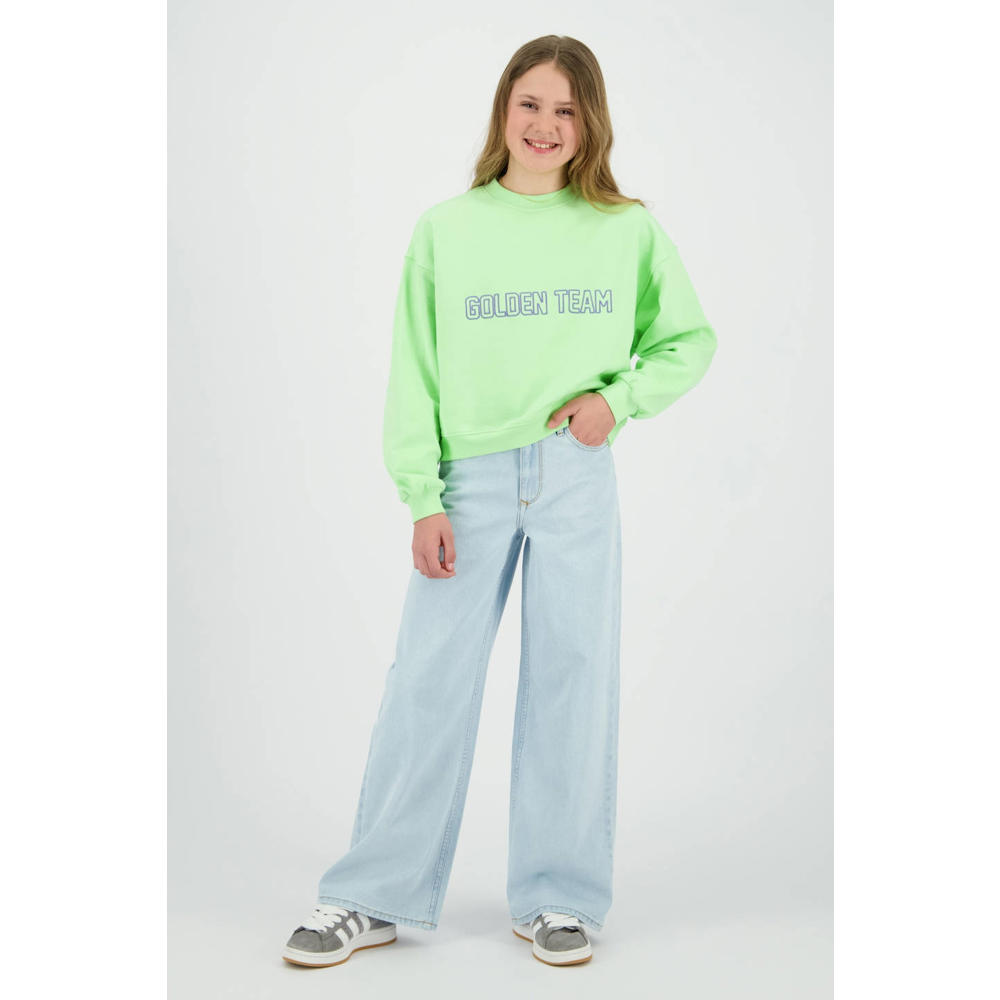 Lichtgroene meisjes Raizzed sweater met tekst print, lange mouwen, ronde hals en geribde boorden