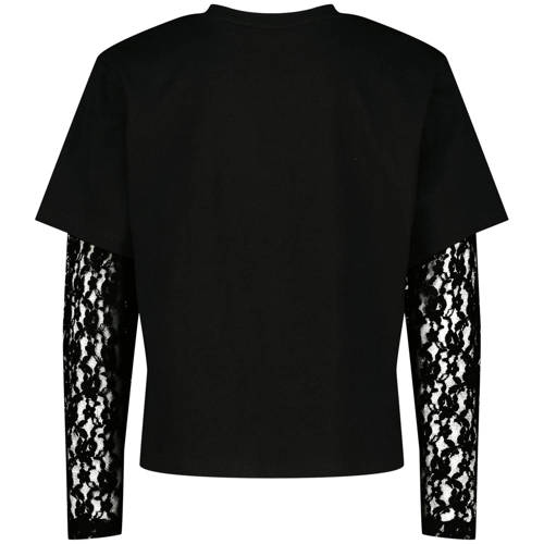 Raizzed longsleeve met kanten mouwen zwart Meisjes Katoen Ronde hals Effen