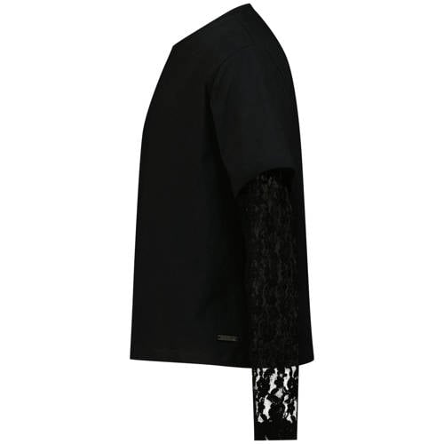 Raizzed longsleeve met kanten mouwen zwart Meisjes Katoen Ronde hals Effen