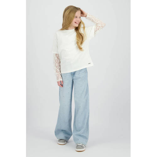 Raizzed t-shirt met kanten mouwen ecru Meisjes Katoen Ronde hals Effen - maat 140 afbeelding