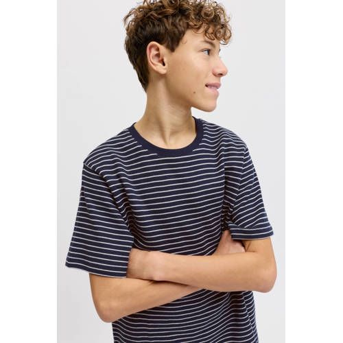 JACK & JONES JUNIOR gestreepte T-shirt donkerblauw Jongens Katoen Ronde hals - maat 128 afbeelding