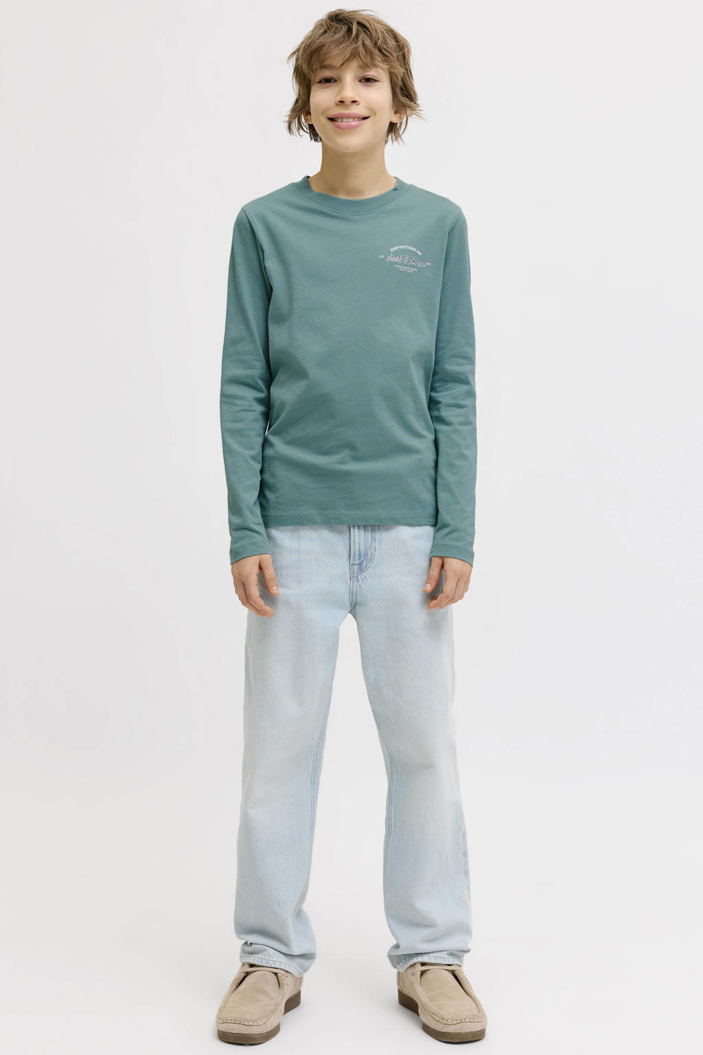 Blauwe jongens JACK & JONES JUNIOR longsleeve van katoen met printopdruk, lange mouwen en ronde hals