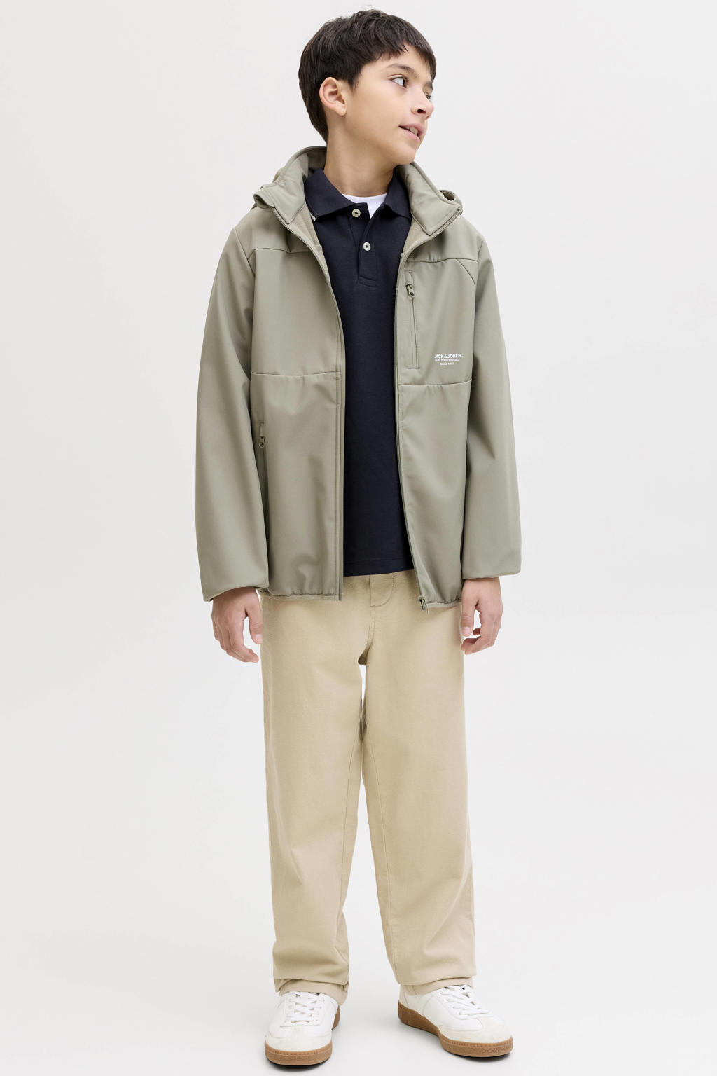 Donkerblauw en witte jongens JACK & JONES JUNIOR polo met meerkleurige print, korte mouwen en knoopsluiting