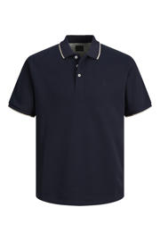 thumbnail: Donkerblauw en witte jongens JACK & JONES JUNIOR polo met meerkleurige print, korte mouwen en knoopsluiting