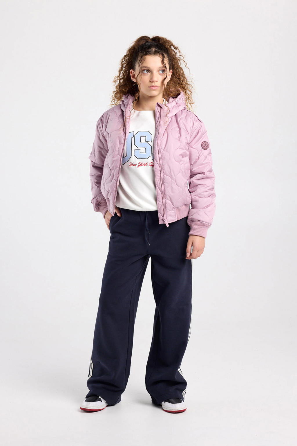 Lichtroze meisjes America Today bomberjack van polyester met effen, lange mouwen, capuchon, ritssluiting en borduursels